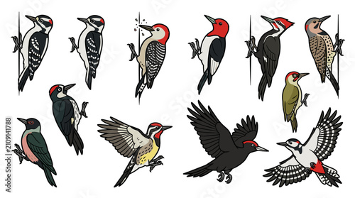 Collection of Various Woodpecker Species Illustrations.