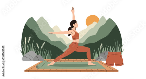 Photography Active woman performing yoga warrior pose in mountain landscape