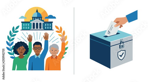 Diverse citizens participating in democratic election process with ballot box