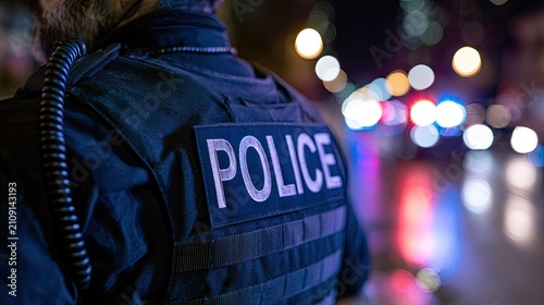 Police Officer on Duty at Night with Blurred City Lights.