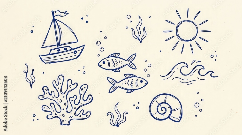 Obraz premium Nautical sketch collection sailboat fish coral and ocean elements hand drawn illustration