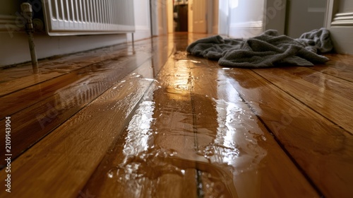 Water Damage on Polished Wooden Hallway Floor with Towel.
