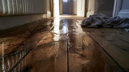 Water damage on wooden floor with sunlight streaming in.