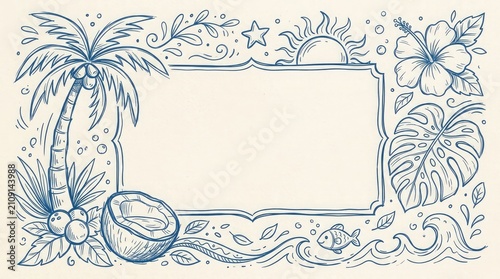 Tropical sketch frame palm trees hibiscus and ocean elements for summer designs