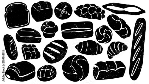Minimalist hand drawn doodle collection with vintage texture, featuring black icons for baguette, croissant, toast, sourdough, bun, and pastry. Graphic asset for bakery menu, cafe branding, and decor