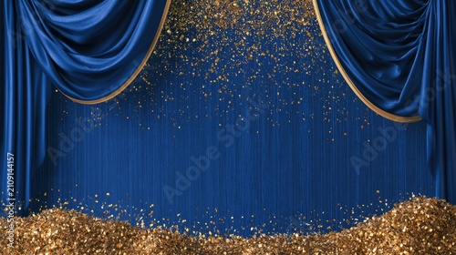 Elegant Blue Velvet Stage Curtains with Golden Confetti Shower.