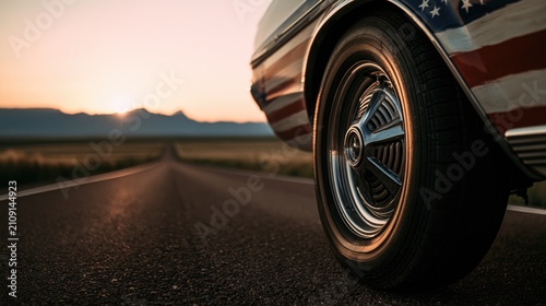 Classic American Muscle Car Driving on Open Road at Sunset.