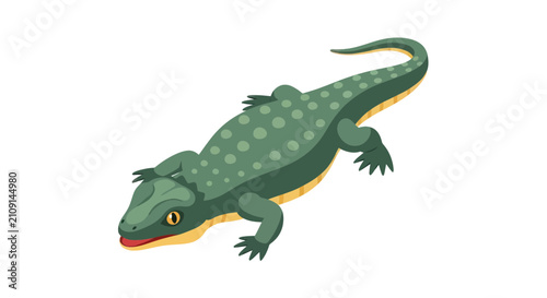 Canvastavla Green spotted monitor lizard crawling on white background