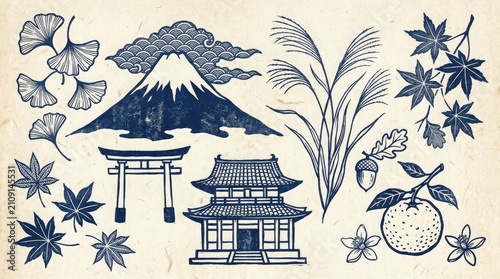 Vintage japanese botanical illustration with mount fuji and traditional architecture