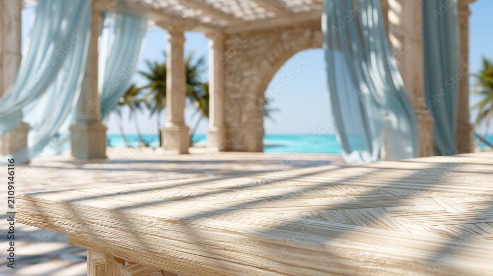 Fototapeta premium Exotic Beach Gazebo with Turquoise Ocean and Palm Trees.