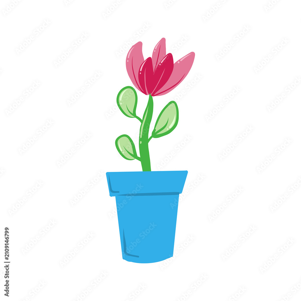 Obraz premium Cute Cartoon Pink Flower in a Blue Pot Isolated on White