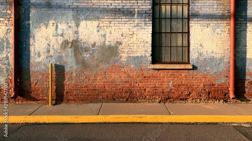 Weathered Brick Wall with Industrial Window and Sidewalk.