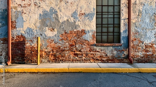 Weathered Brick Wall with Grimy Window and Yellow Curb.