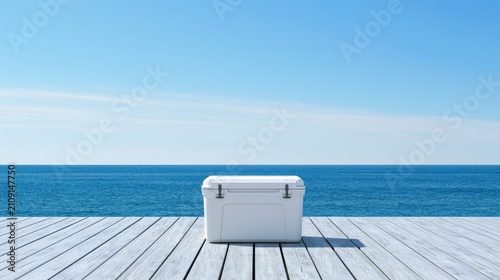 White Cooler on Wooden Deck with Ocean and Sky Background.