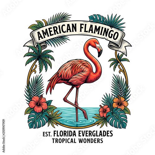 Tropical emblem featuring an American flamingo standing in water, framed by palm leaves and colorful hibiscus flowers. Birds.