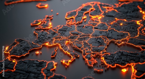 Glowing Europe Map with Fiery Borders on Dark Textured Surface.