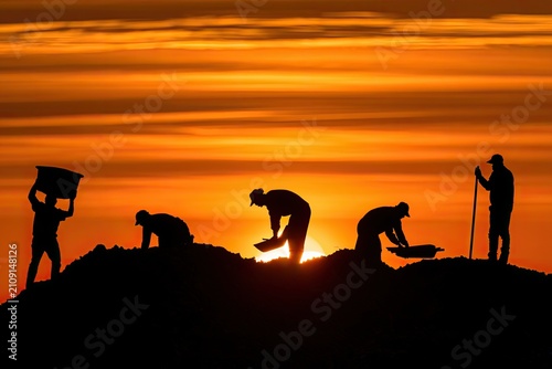 Silhouettes of workers laboring on a hill against a vibrant sunset.