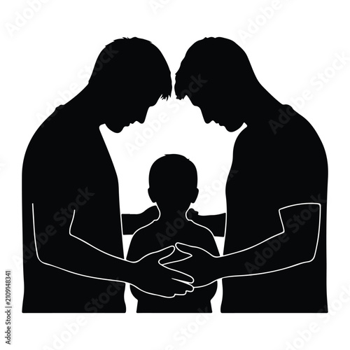 Silhouette of parents protecting a child, holding hands in a circle