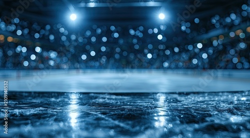 Empty Ice Hockey Arena with Bright Lights and Blurred Spectators.