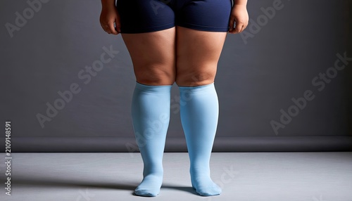 Full Body Shot of Woman Wearing Light Blue Compression Socks.