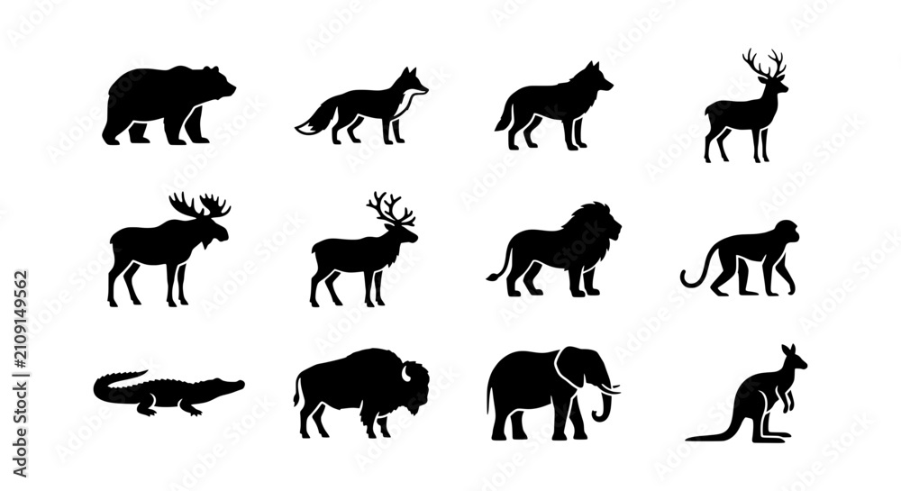 Obraz premium Wild Animal Silhouettes Collection, Diverse Wildlife Icons, Mammal and Reptile Vector Set