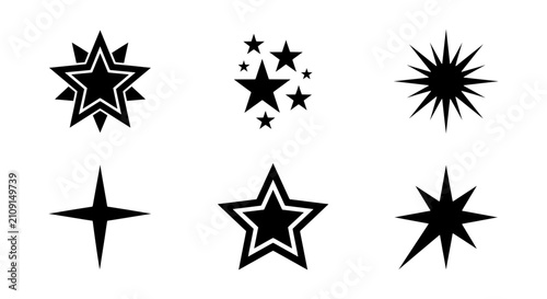 Six Black Star Icons, Vector Graphics, Sparkle and Shine Symbols, Celebration and Award Elements