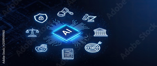 Artificial Intelligence and Law Icons Surrounding a Glowing AI Chip.