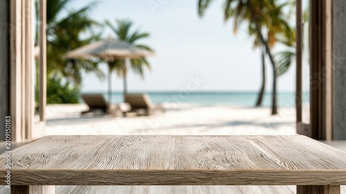Wooden Table Overlooking Tropical Beach Paradise with Palm Trees and Lounge Chairs.