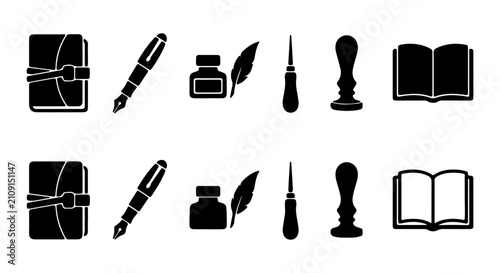 Cuadro en lienzo Vintage Writing Tools Collection, Journal, Pen, Inkwell, Quill, Seal Stamp, Open