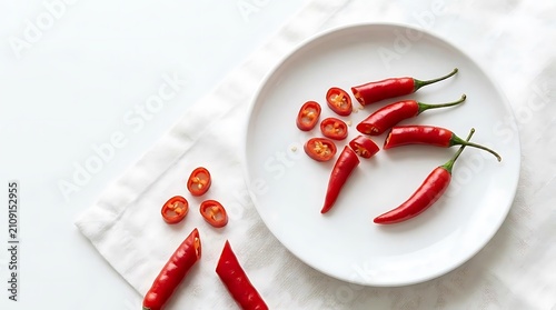 Red chili peppers whole and sliced on white plate.