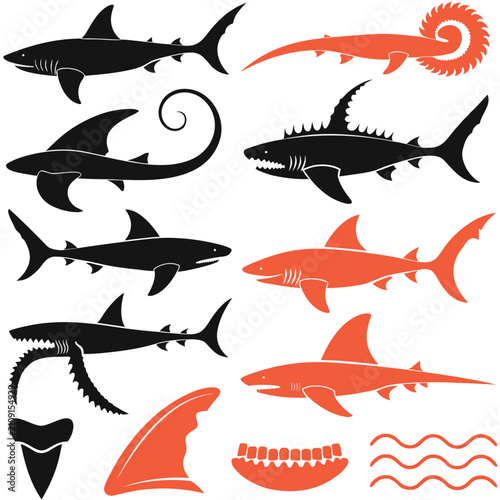 фотографія Diverse Collection of Modern and Extinct Prehistoric Shark Species Silhouettes I