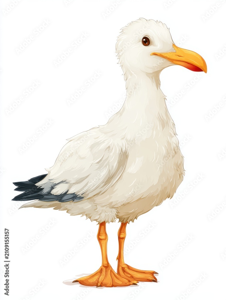 Fototapeta premium Cute White Seagull Standing On White Background Digital Illustration