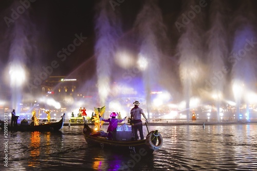 Hu Quoc, Vietnam - 3rd march, 2025: The Colors of Venice show at Grand World Phu Quoc, Vietnam. Live performers on gondolas, massive water-fountain stage with vibrant 3D mapping and laser projections