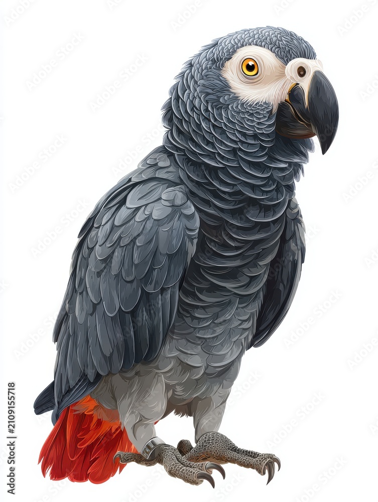 Fototapeta premium Detailed African Grey Parrot Isolated On White Background With Vibrant Red Tail Feathers And Orange Eye