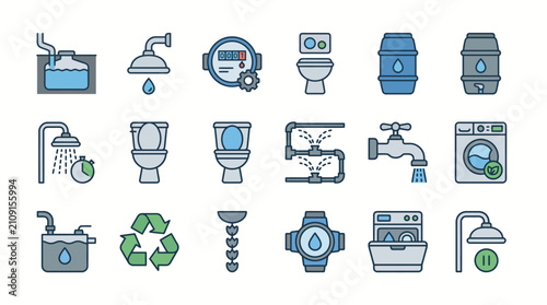 Plumbing and water conservation icons illustrate efficient household appliances and industrial water processing systems.
