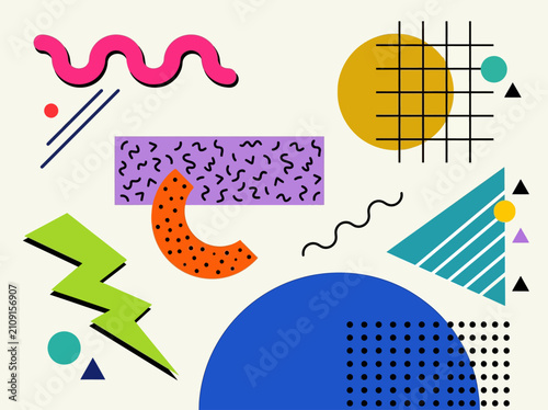 Memphis Style Abstract Background with Colorful Geometric Shapes and 80s 90s Retro Patterns