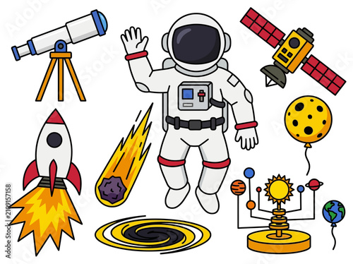 Space Exploration Vector Set with Astronaut Rocket and Solar System