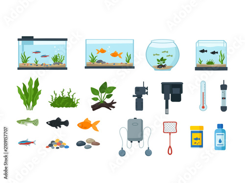 Flat aquarium and fish tank equipment icon set isolated on white background. Collection of aquariums, tropical fish, aquatic plants, filters, thermometer, air pump and aquarium accessories