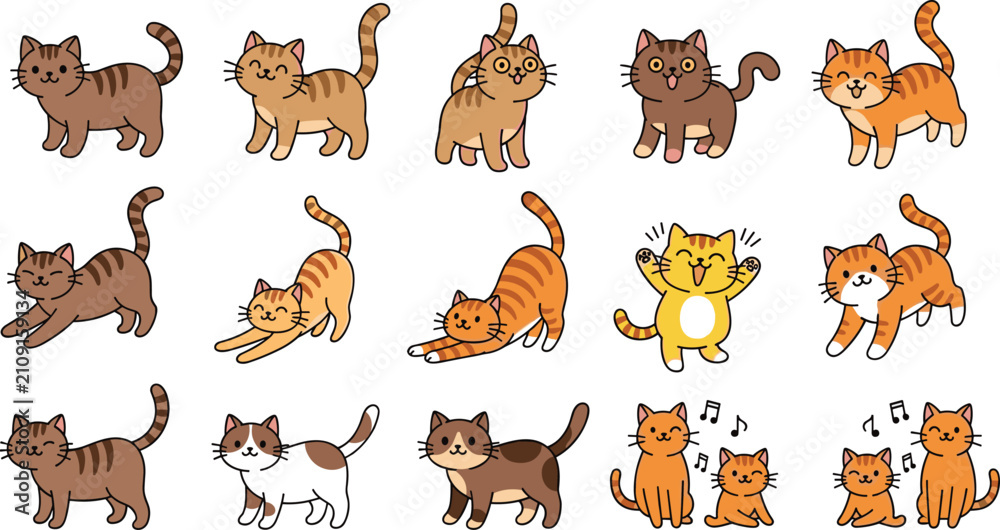 Fototapeta premium Cute Cat Vector Set Featuring Various Cat Poses, Expressions, and Breeds for Animal, Pet, and Cartoon Illustrations