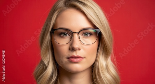 Woman Wearing Modern Eyeglasses Against Red Background, Fashionable Optical Wear