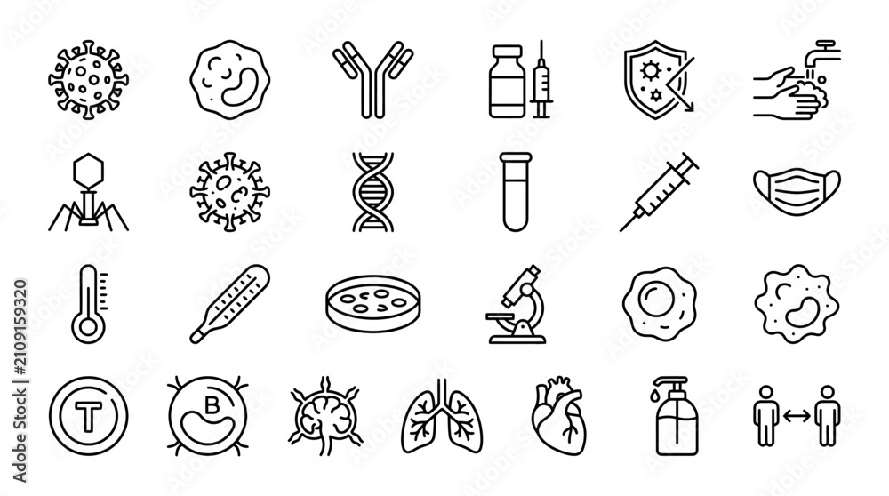 Fototapeta premium Medical icons represent various biological structures, laboratory equipment, and health safety protocols for scientific documentation.