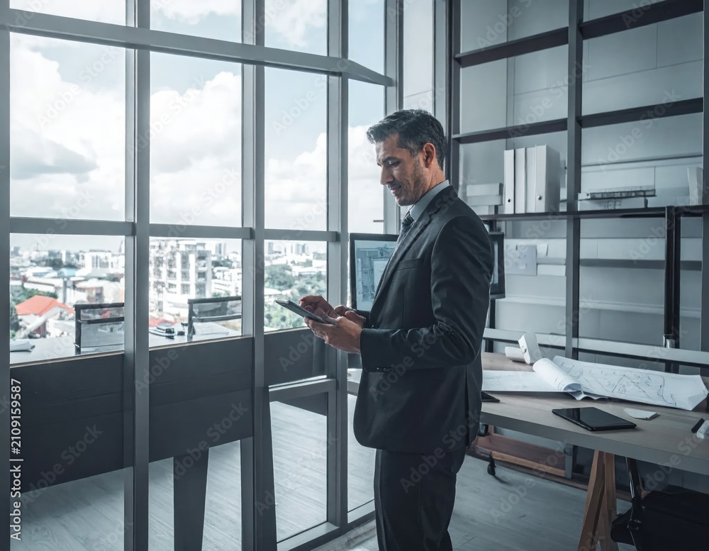 Fototapeta premium Businessman using smartphone in modern glass office.