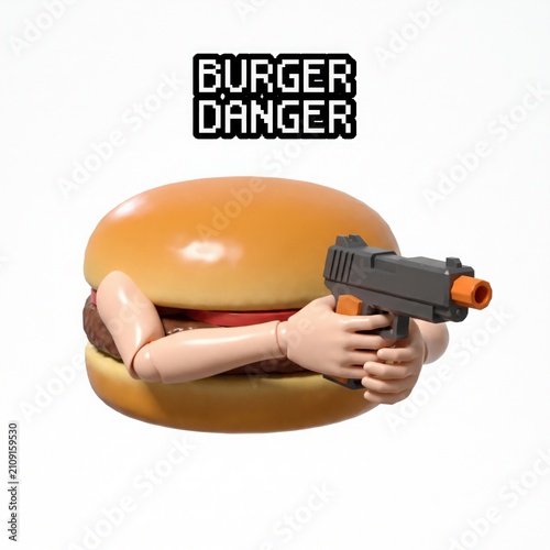 Burger Danger with a gun in its hands