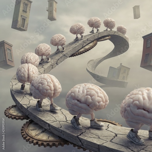 Walking Brains on a Cracked Path with Floating Houses and Clock Gears