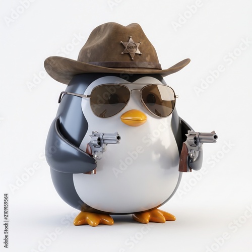 Cute Penguin Sheriff with Guns and Cowboy Hat
