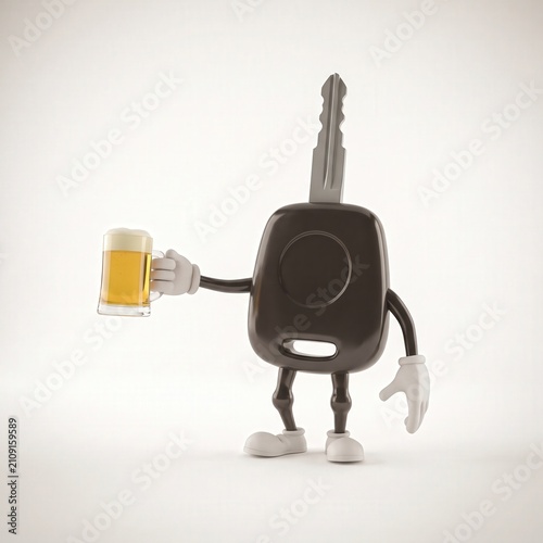 Car key character holding a beer mug with a white background