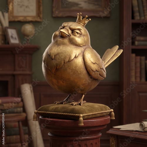Golden bird statue wearing a crown on a pedestal in a library
