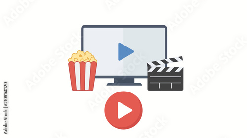 Computer monitor features a blue play button icon next to a popcorn bucket and a cinema clapperboard.