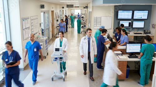 Busy hospital corridor filled with diverse medical staff walking and working during the day