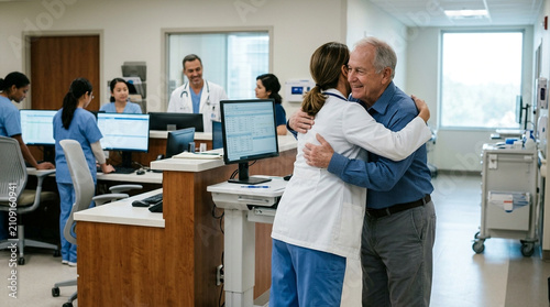 Caring female doctor embraces happy senior patient warmly in a busy hospital reception area